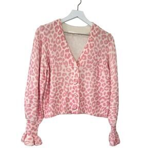 LoveShackFancy Boscom Cardigan XS Leopard Print Ruffle Cuff Button Front Sweater